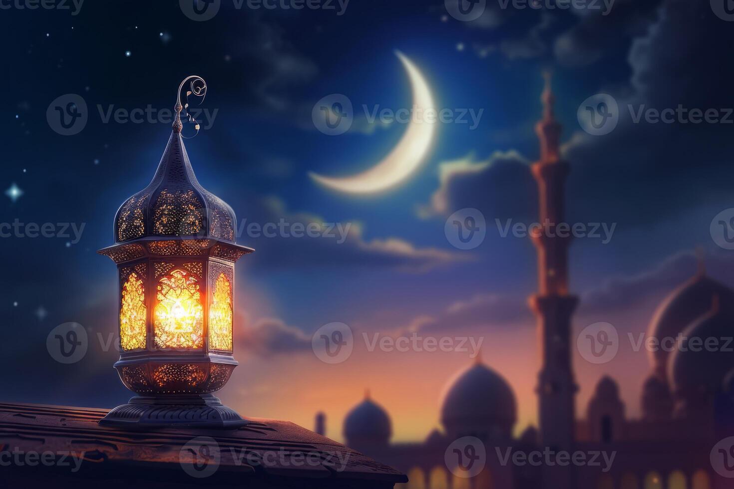 ai generato ornamentale Arabo lanterna con ardente candela raggiante a notte. festivo saluto carta, invito per musulmano santo mese Ramadan kareem. foto