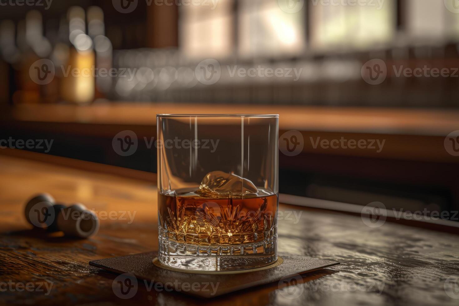 ai generato bicchiere di whisky su di legno tavolo foto