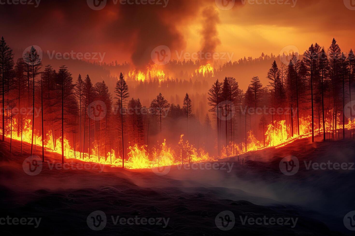 ai generato illustrazione di un' ore notturne foresta fuoco disastro, alberi Engulfed nel fiamme, raffigurante il devastante effetti di wildfire e ambientale distruzione causato di globale riscaldamento foto