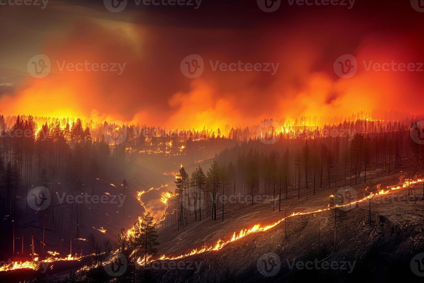 ai generato foresta fuoco disastro illustrazione, alberi ardente a notte, wildfire natura distruzione, danneggiato ambiente causato di globale riscaldamento foto