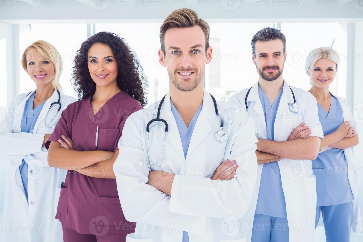 ai generato sorridente medico con compagno medici in piedi dietro a lui foto