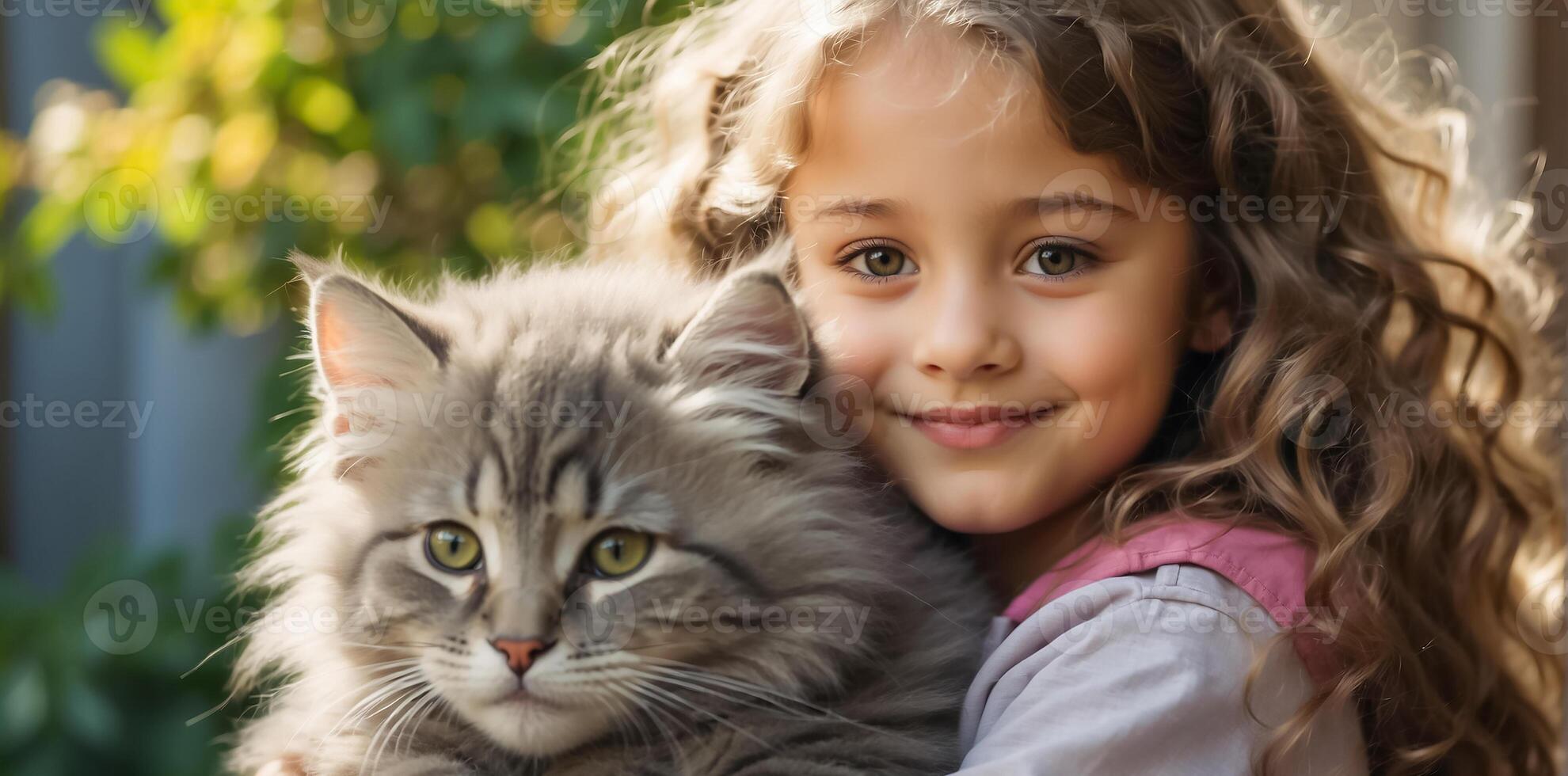 ai generato poco ragazza con carino gatto all'aperto ritratto foto