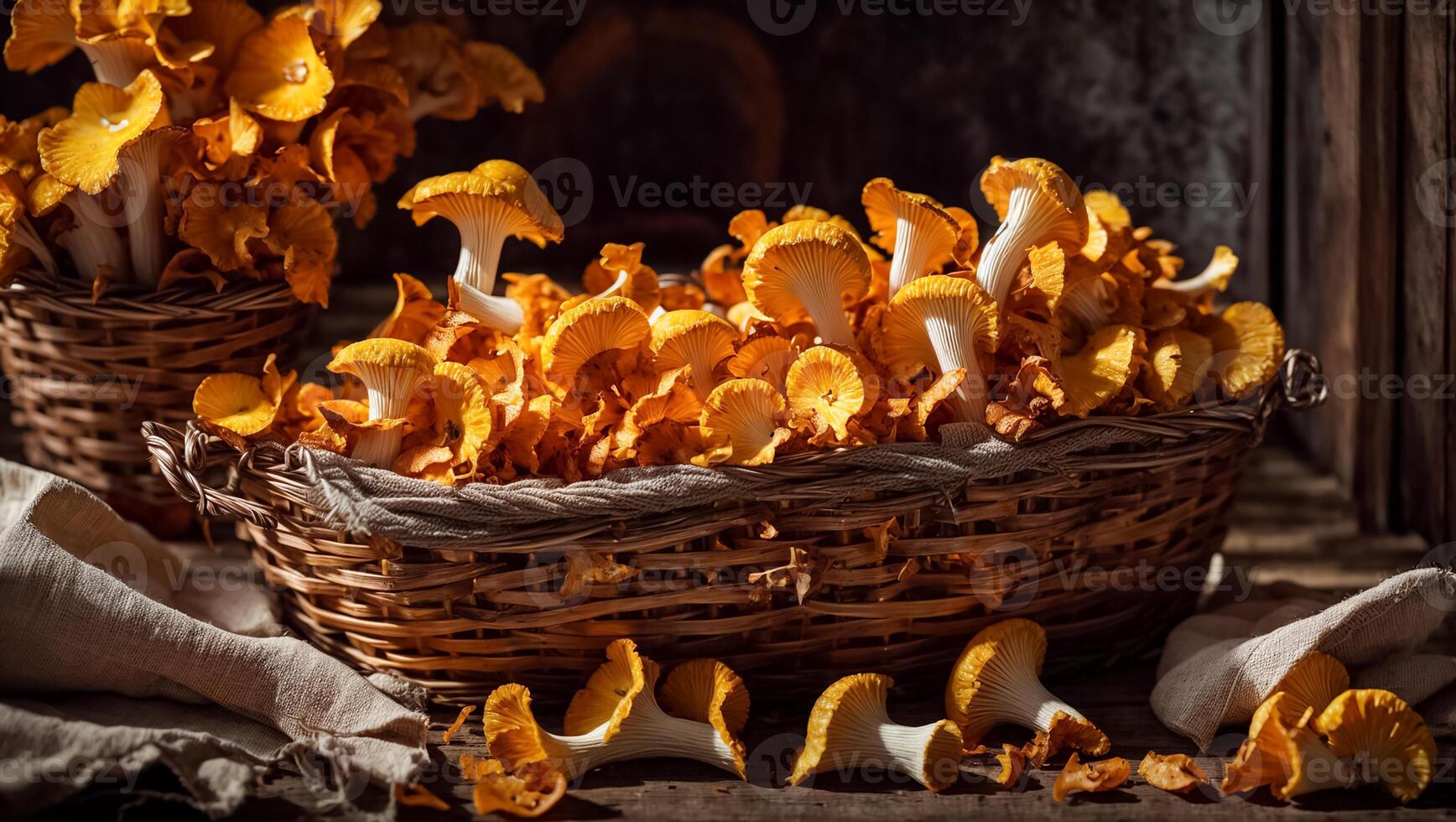 ai generato crudo gallinacci funghi su il vecchio sfondo foto