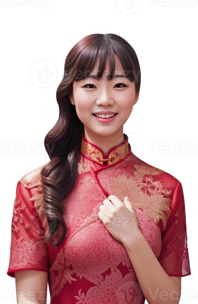 ai generato contento bellissimo asiatico donna con indossare tradizionale cheongsam vestito - generato Immagine foto