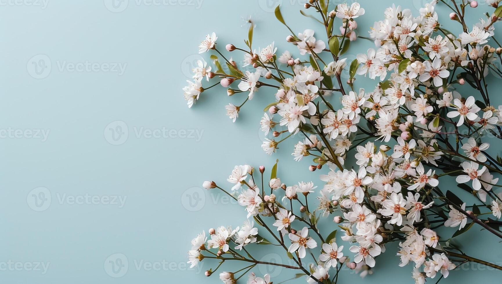 ai generato elegante ciliegia fiori su un' calma blu sfondo foto