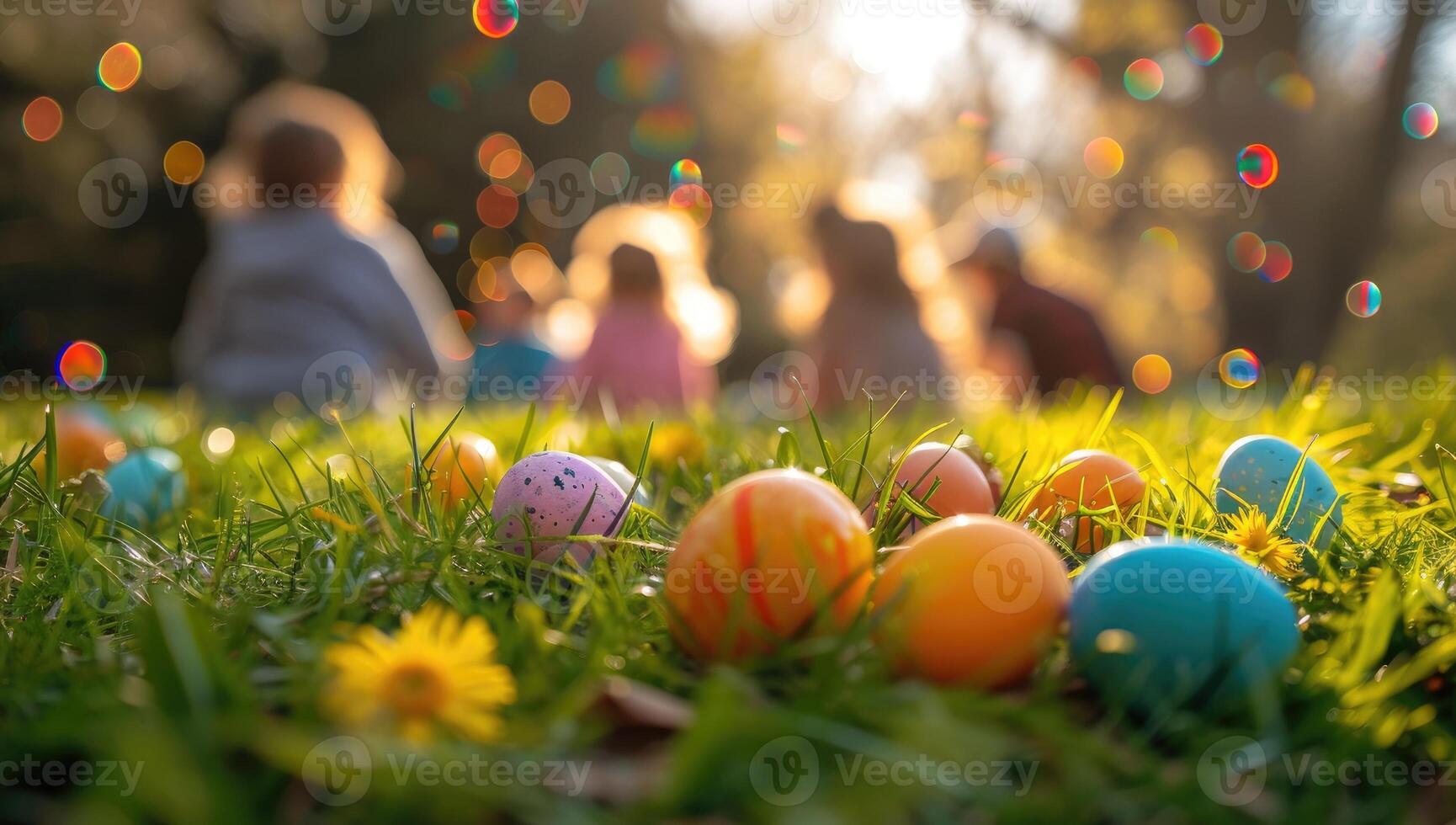 ai generato colorato Pasqua uova nel il erba con sfocato bambini su sfondo foto
