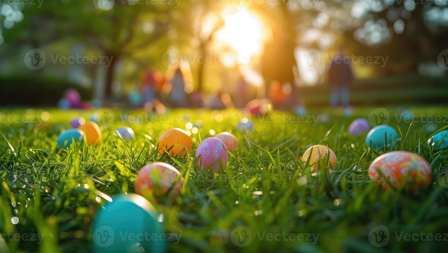 ai generato colorato Pasqua uova sparpagliato su illuminata dal sole erba foto