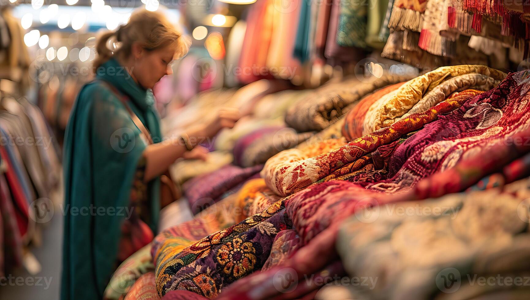 ai generato donna sceglie colorato scialli a il bazar foto