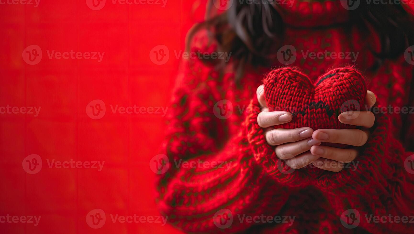 ai generato femmina mani nel rosso a maglia maglione Tenere cuore forma su rosso sfondo foto
