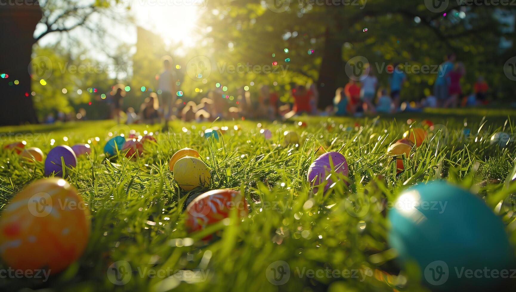 ai generato colorato Pasqua uova sparpagliato su un' soleggiato erba campo con bambini nel il sfondo foto