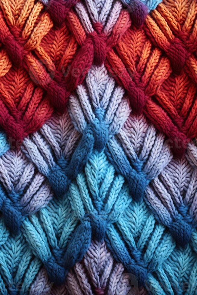 ai generato verticale Immagine colorato blu e arancia a maglia lana tessuto macro struttura sfondo, morbido e accogliente tessere fantasia superficie foto