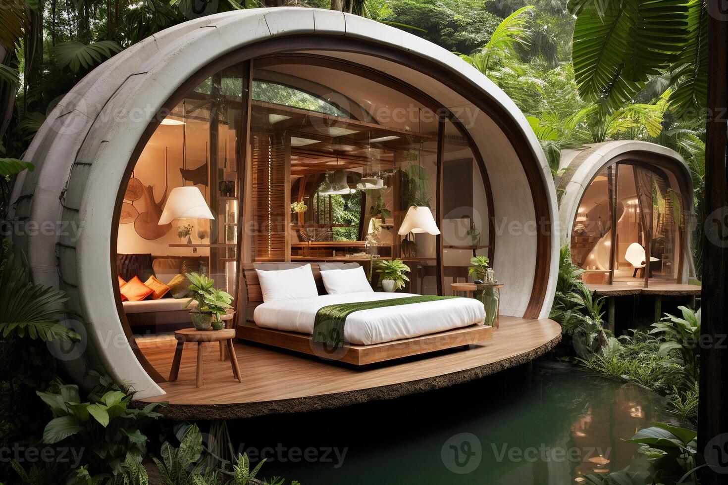 ai generato futuristico eco Hotel design moderno capanna nel giungla foresta foto