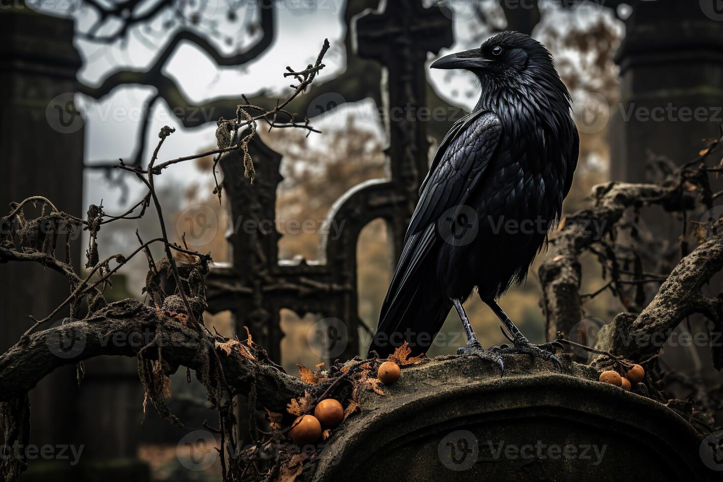 ai generato un' nero Corvo si siede su un muschio coperto lapide nel un vecchio cimitero contro il sfondo di un' ramo con secco le foglie foto