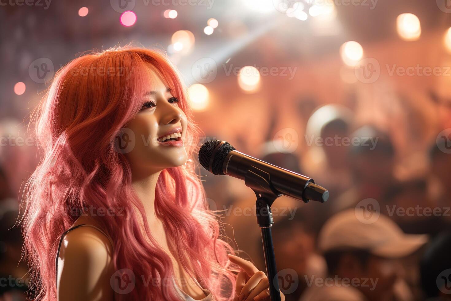 ai generato bella asiatico k-pop idolo giovane donna con rosa capelli cantando in un' microfono su palcoscenico nel folla su luminosa concerto illuminazione sfondo foto