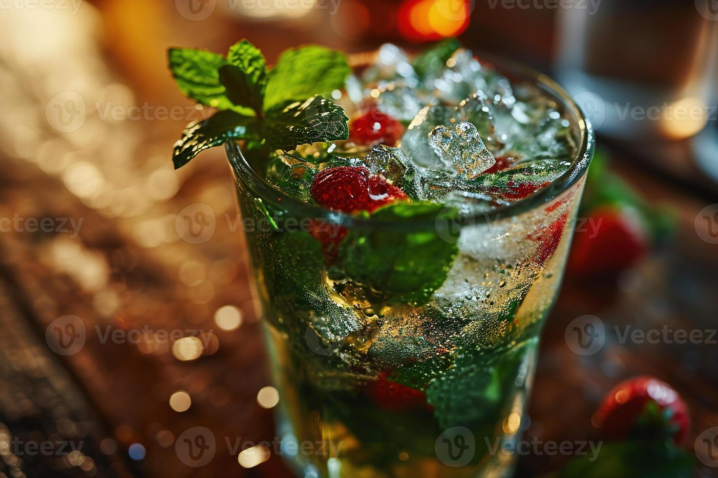 ai generato trasparente bicchiere di un' Mojito cocktail con Ghiaccio, fragole e menta su un' bar contatore su un' sfocato sfondo foto