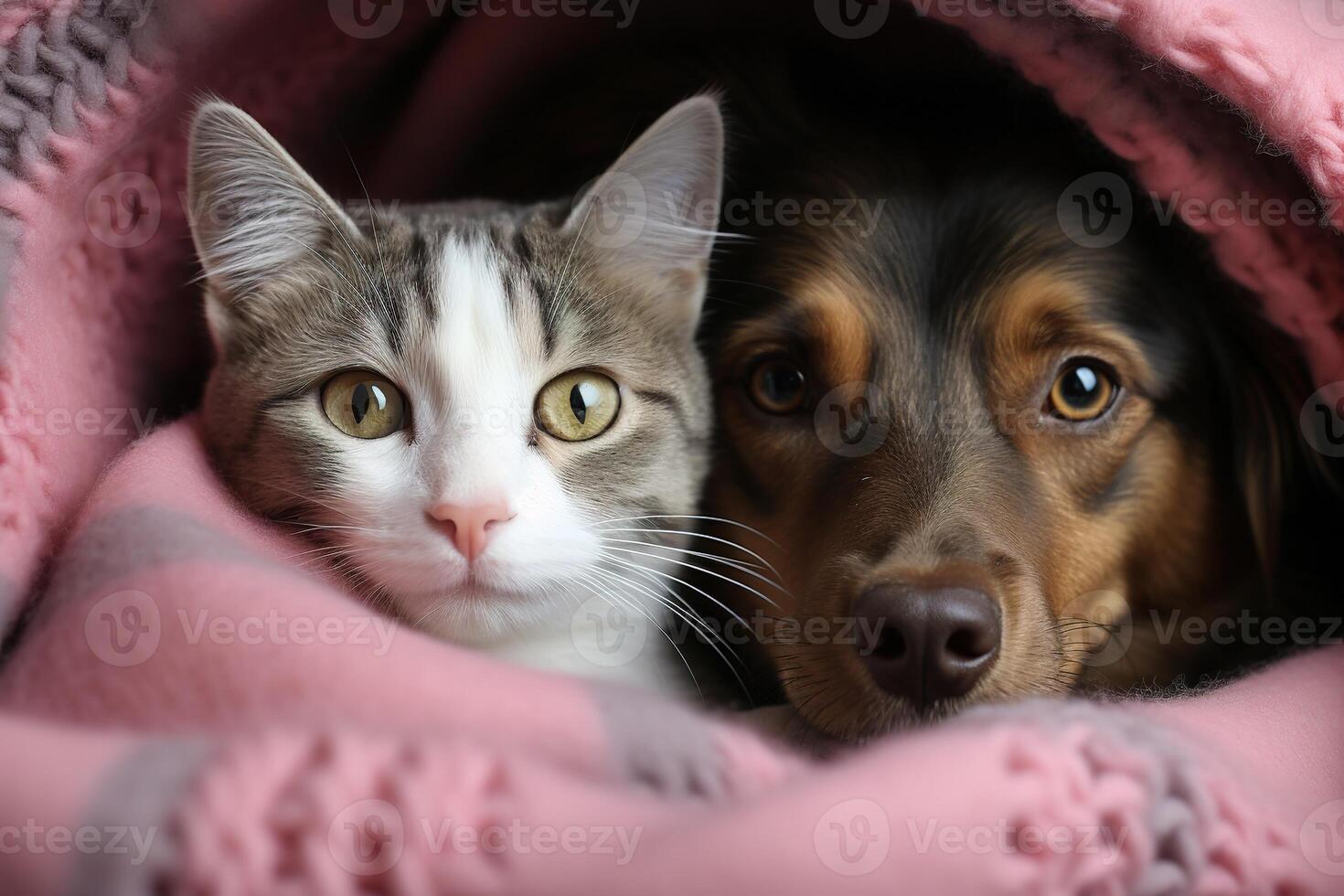 ai generato avvicinamento ritratto di un' gatto e un' cane dire bugie su un' letto sotto un' a maglia caldo rosa coperta foto