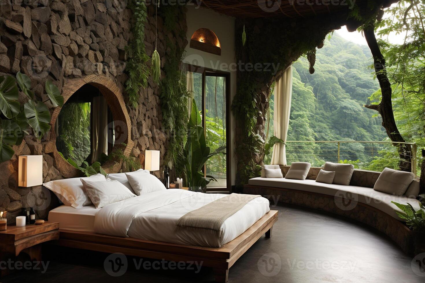 ai generato moderno interno di un eco-friendly Hotel Camera da letto contro il fondale di un' montagna foresta foto