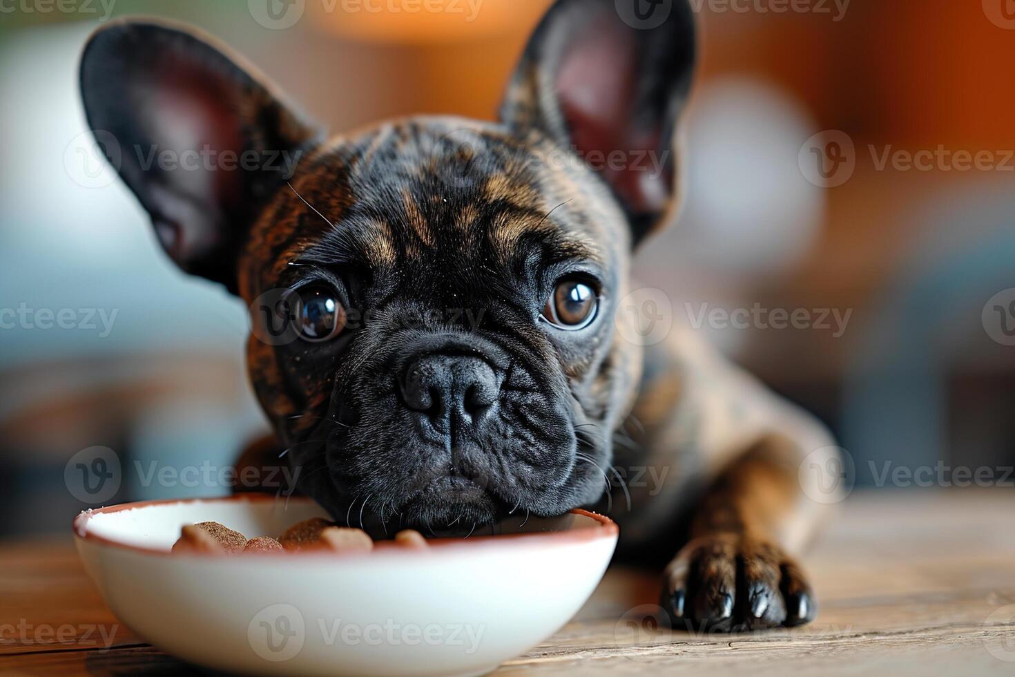 ai generato carino francese bulldog seduta Il prossimo per un' bianca ciotola di cibo foto