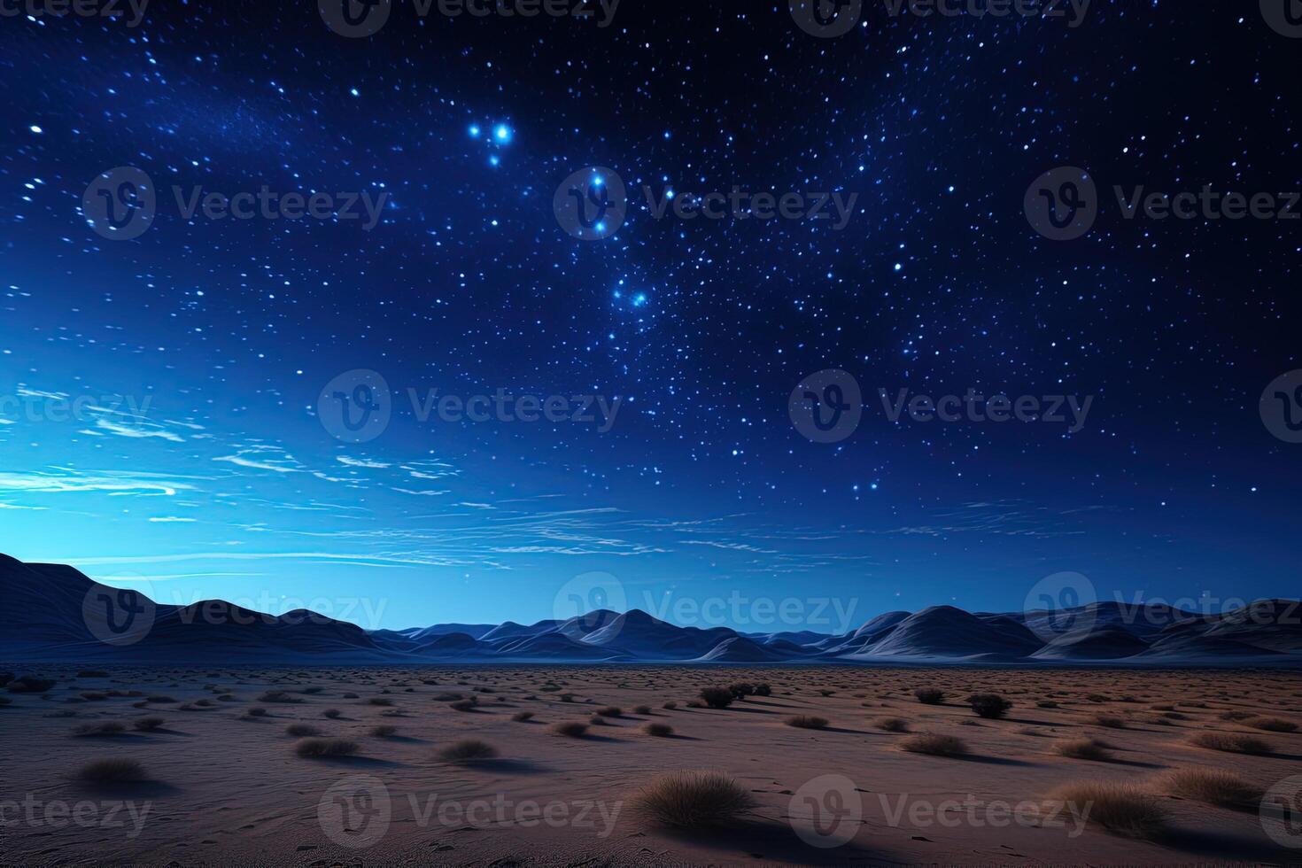 ai generato panoramico Visualizza notte paesaggio di deserto sotto il stellato cielo foto