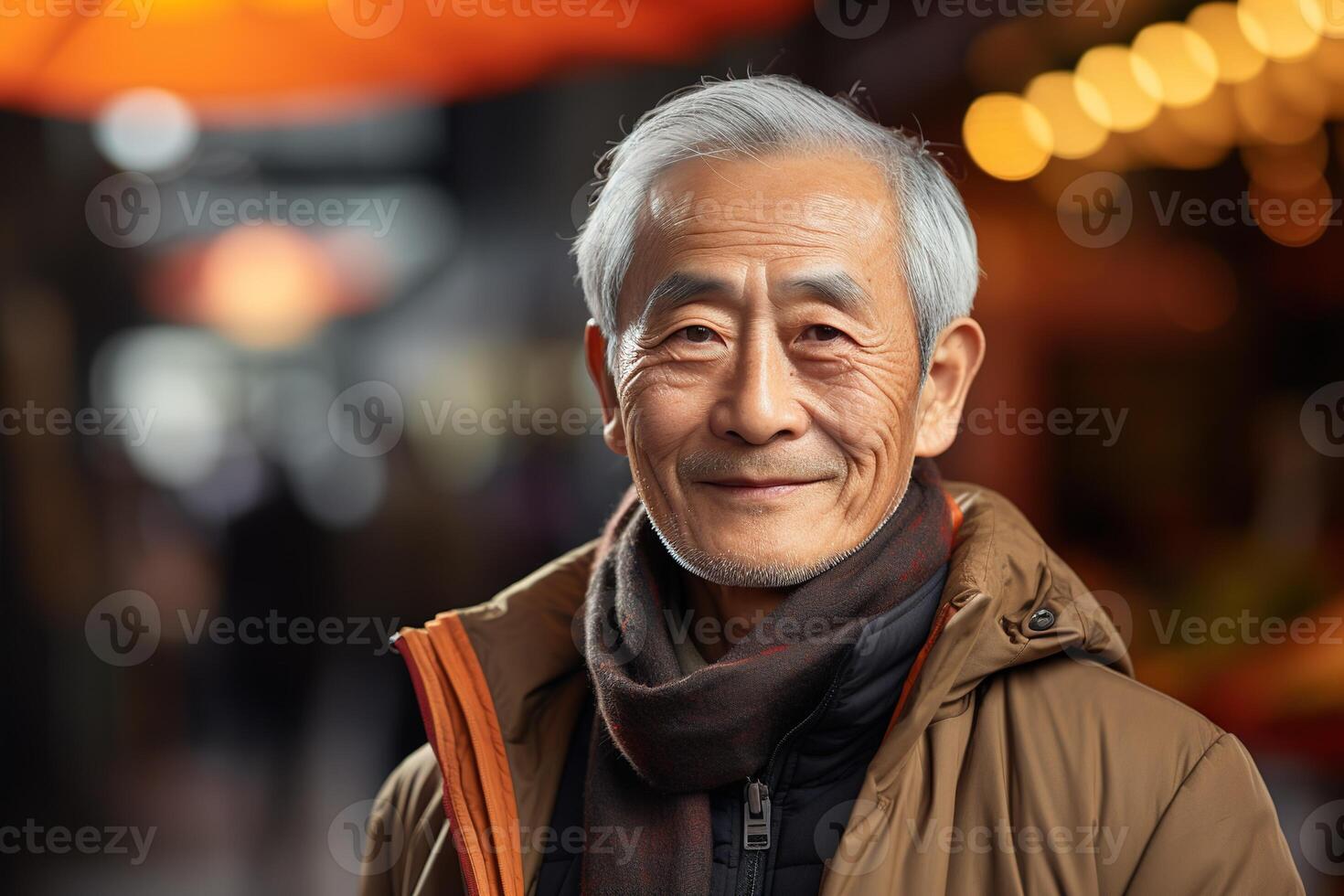 ai generato ritratto di un anziano asiatico grigio dai capelli leggermente sorridente uomo nel un' giacca e sciarpa su un' sfocato sfondo di un' pubblico posto foto
