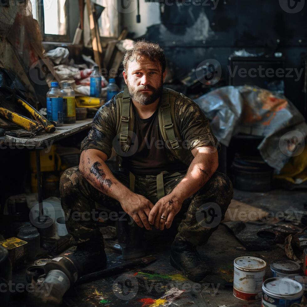 ai generato stanco soldato seduta nel auto riparazione negozio. un' militare uomo nel camuffare capi di abbigliamento su un' sfocato sfondo di distrutto camera. foto