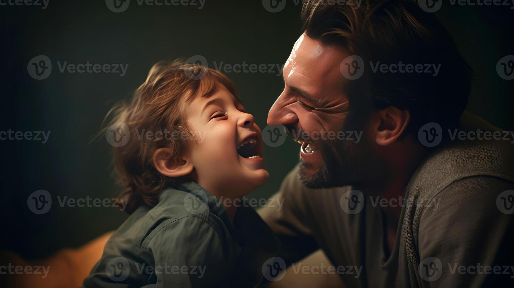 ai generato ritratto di un' contento padre e il suo poco figlio ridendo insieme. foto