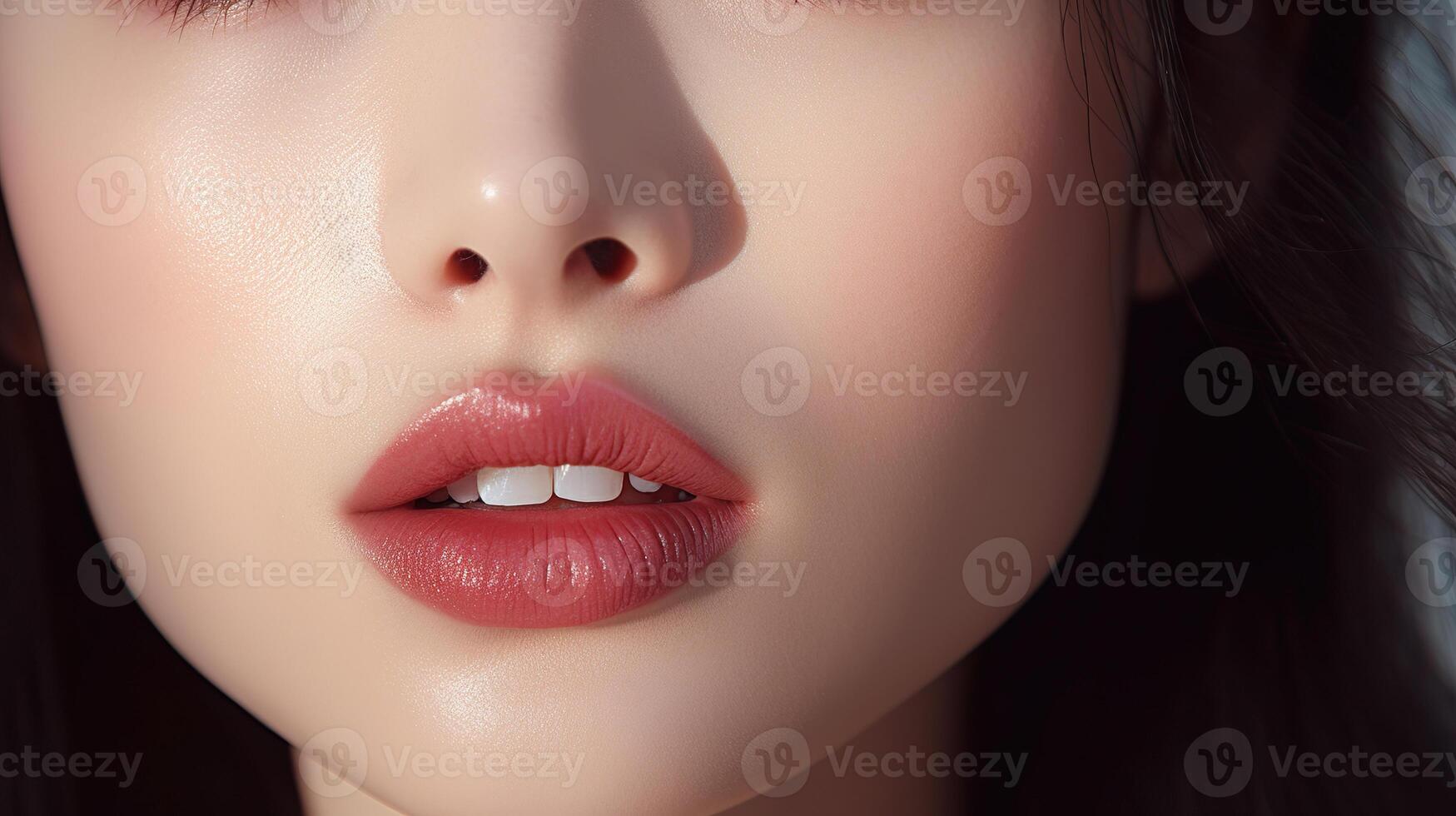 ai generato vicino su di bellissimo femmina labbra con bianca denti. trucco e cosmetici concetto. foto