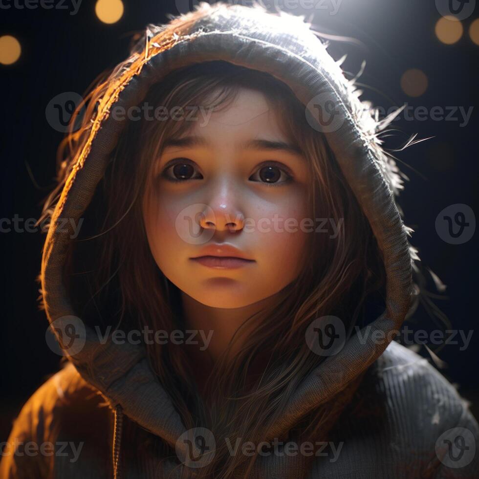 ai generato triste ragazza con triste occhi su il sfondo di sera luci. ritratto di un' adolescente nel un' incappucciato giacca con dolore nel il suo occhi. foto