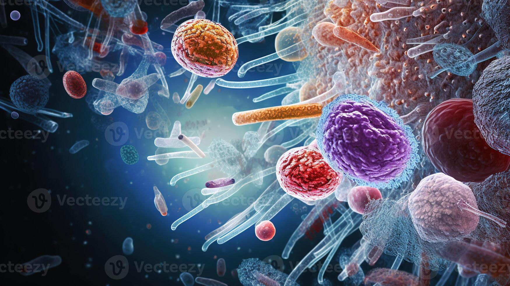 ai generato microscopico Visualizza di virus. 3d illustrazione. probiotici, postbiotici per gastrointestinale Salute. colorato medico sfondo per farmaceutico industria e microbiologia. foto