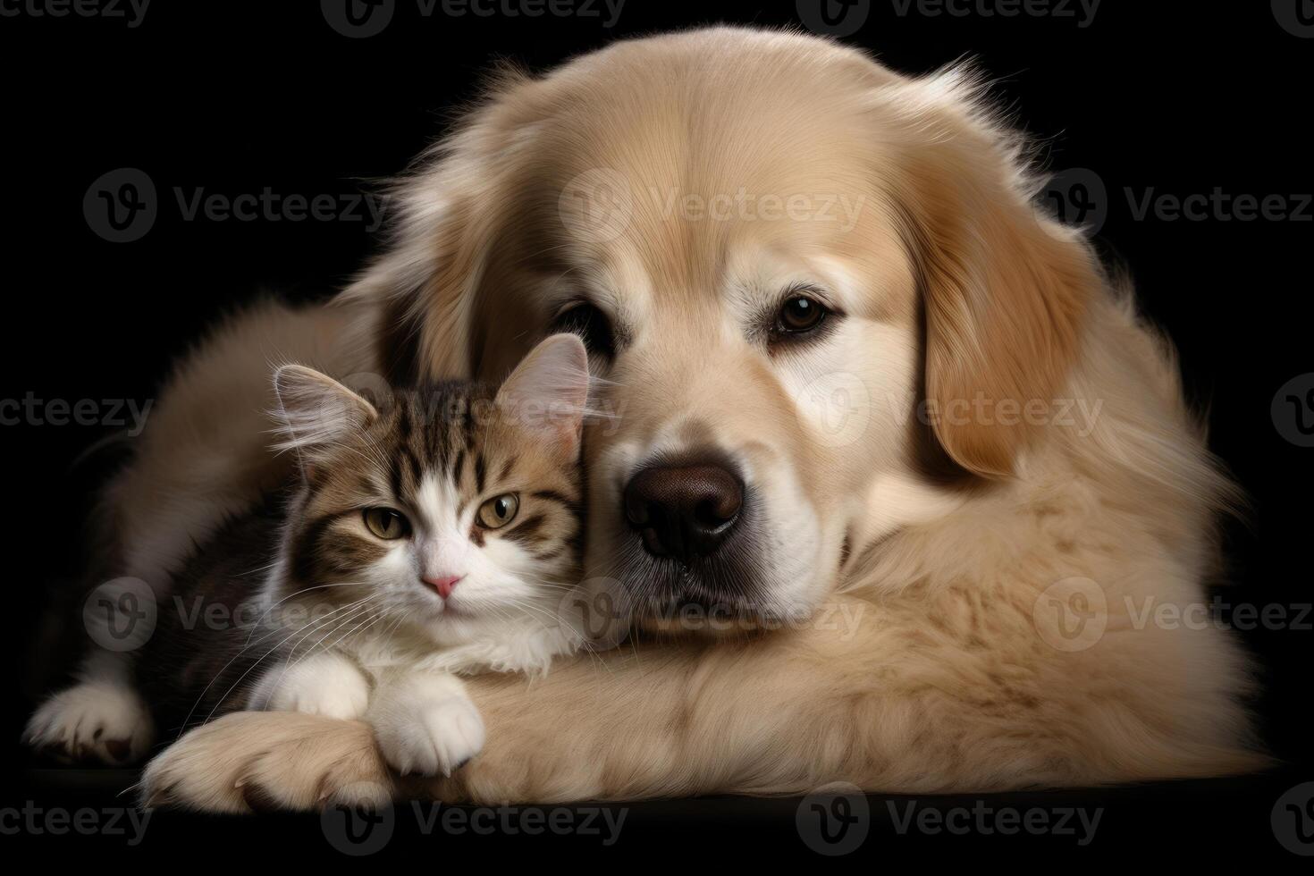 ai generato vicino su ritratto di un' cane e un' gatto guardare a il telecamera nel davanti di un' nero sfondo foto