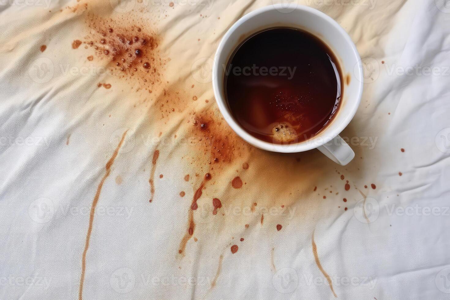 ai generato bianca cotone tovagliolo, camicia, Abiti o tovaglia con Marrone caffè macchia con un' tazza di caldo tè foto