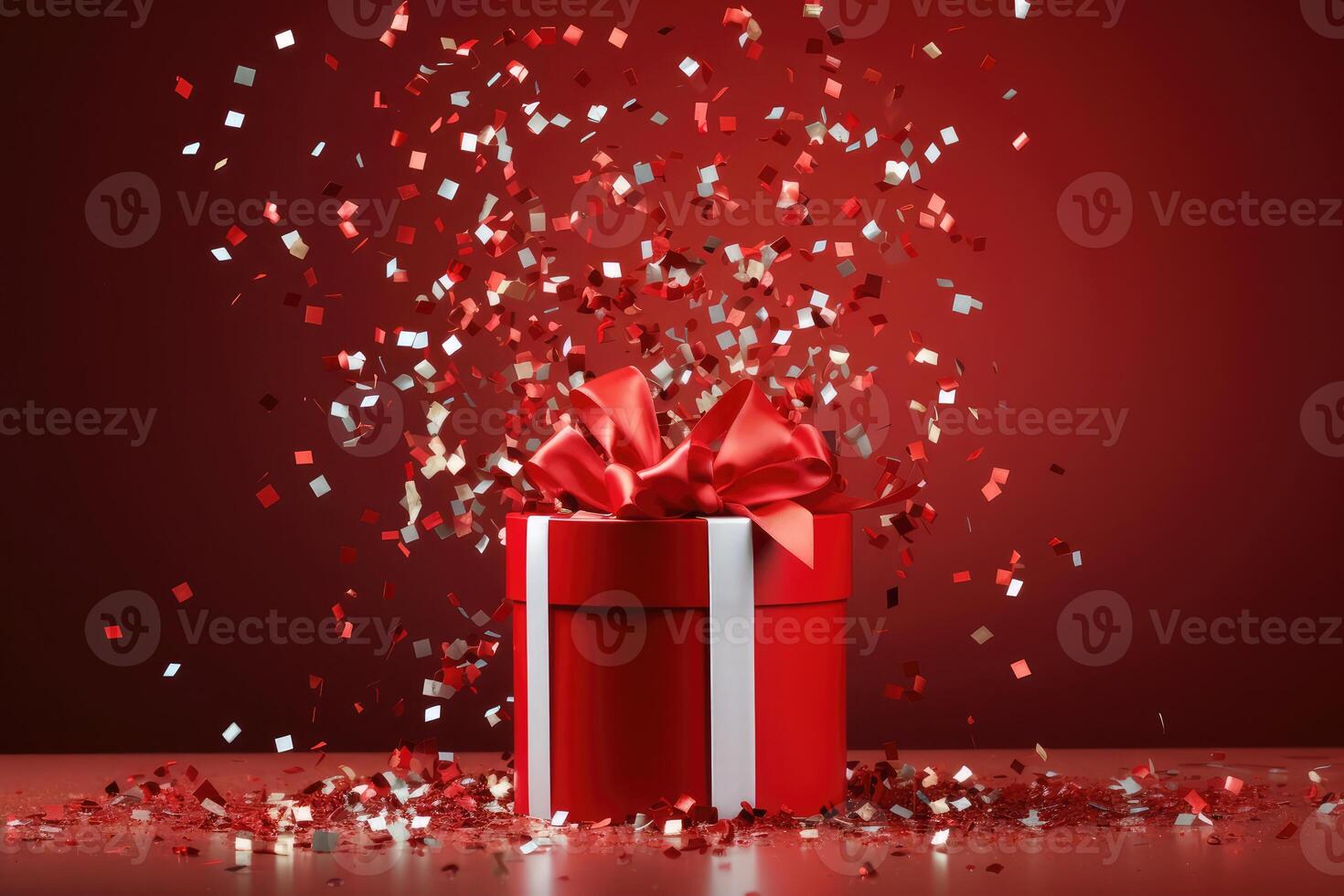 ai generato rosso regalo scatola con un' arco e d'oro coriandoli su festivo luccicante bokeh sfondo foto