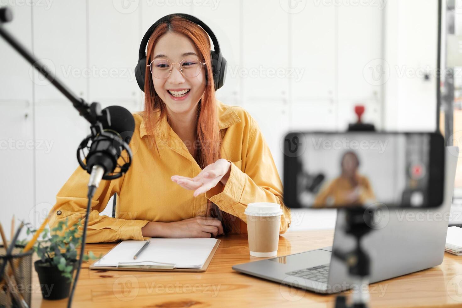 vivere Podcast sessione con sorridente femmina ospite foto