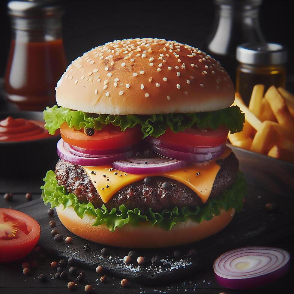 ai generato Hamburger isolato su nero sfondo fresco hamburger veloce cibo foto