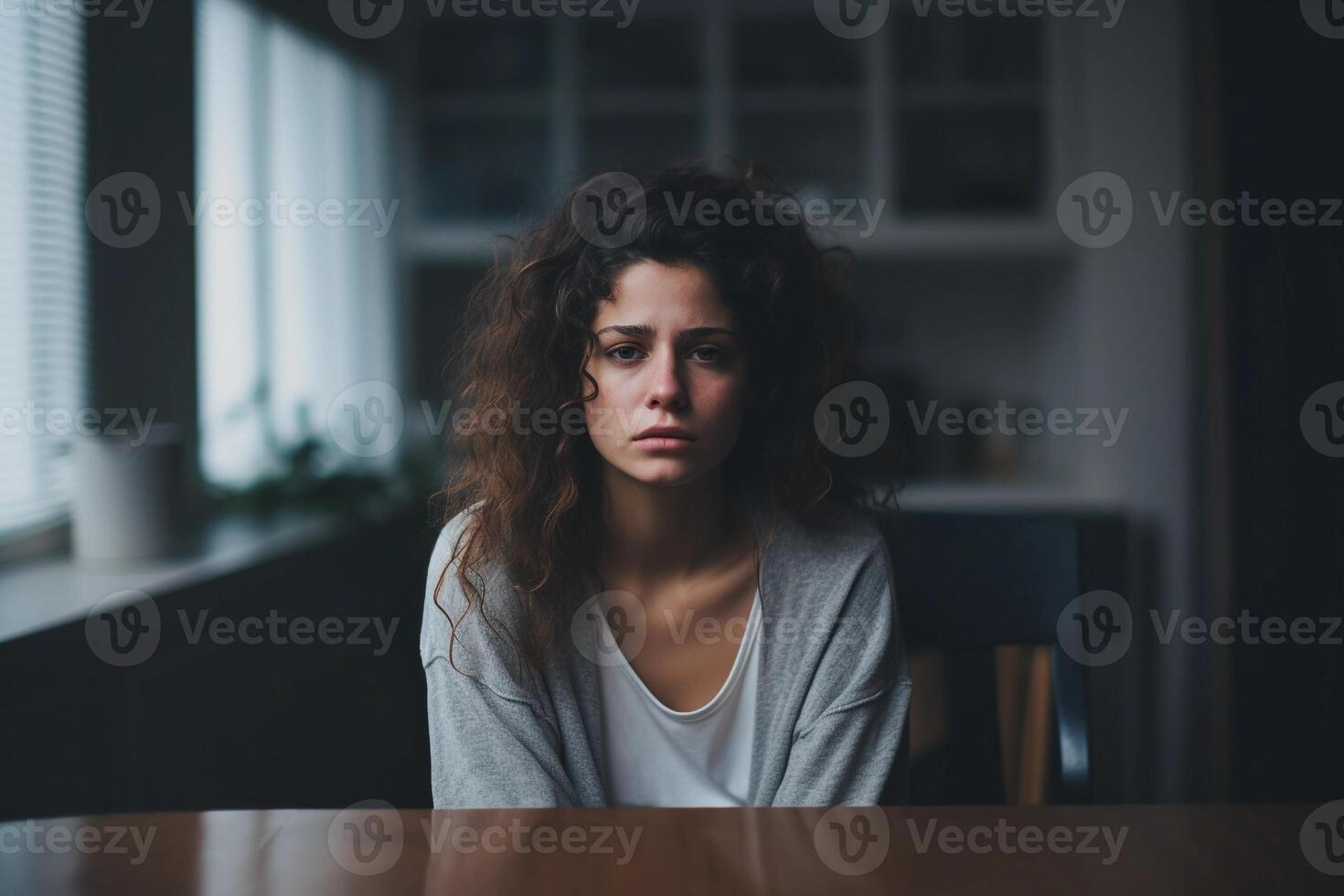 ai generato depresso triste giovane donna a casa, buio sfondo. mentale Salute concetto. ai generato. foto