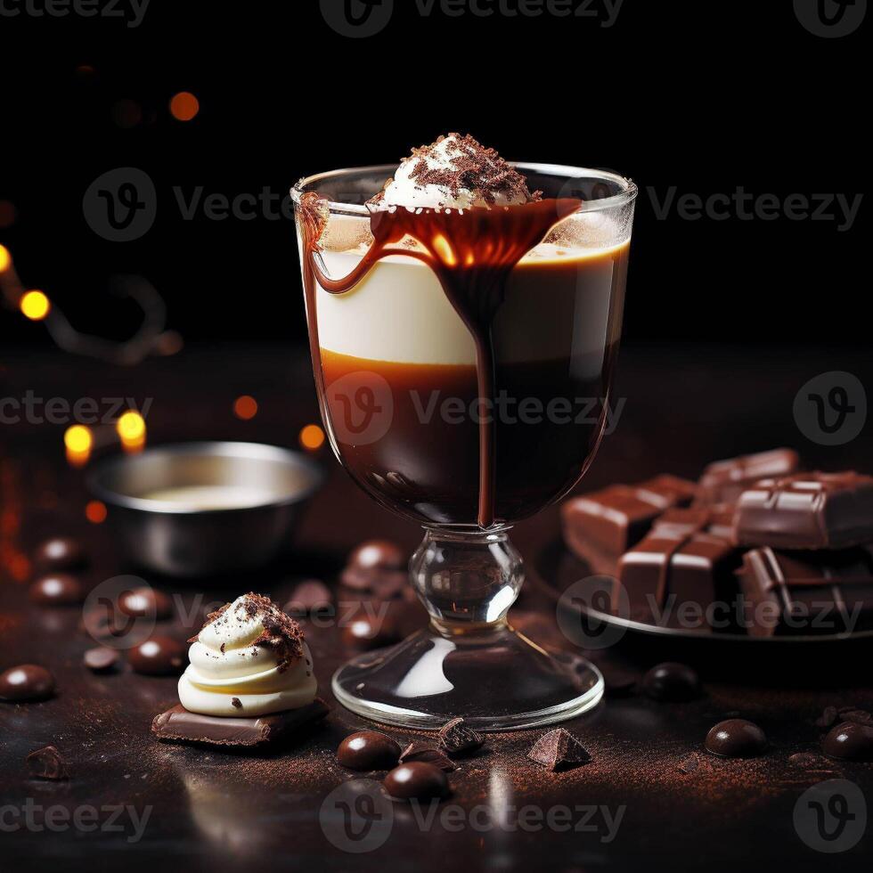 ai generato cioccolato liquido dolce con crema su buio sfondo con riflessione foto