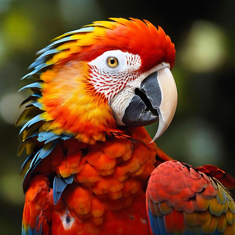 ai generato vicino su di colorato scarlatto ara pappagallo isolato su un' trasparente sfondo. generativo ai foto