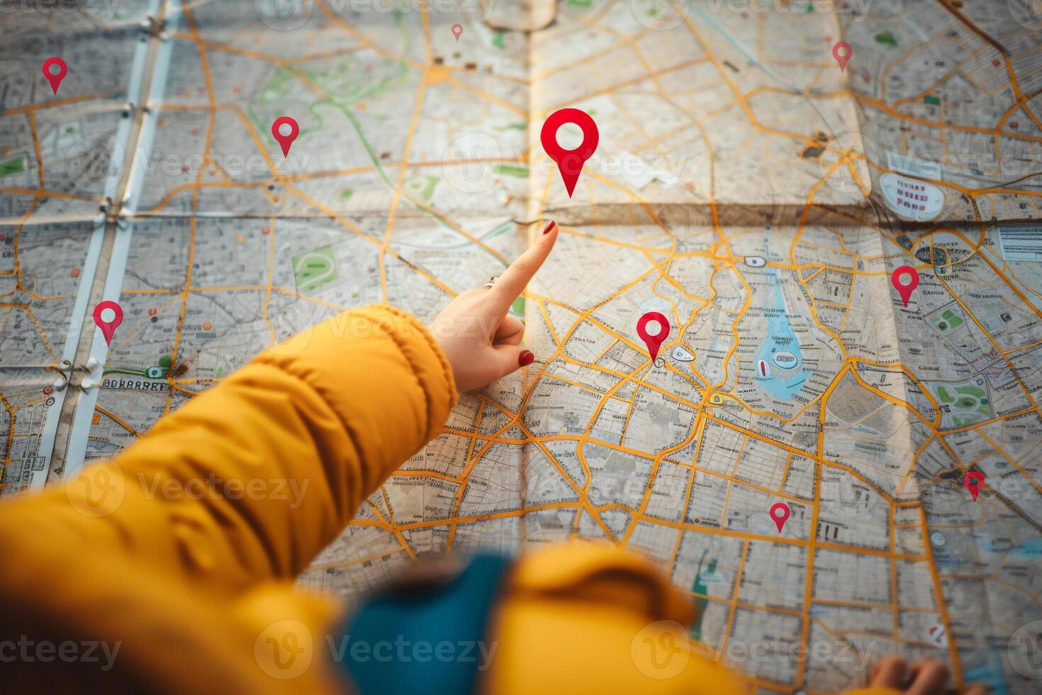 ai generato viaggio 'S dito punto per mappe con rosso carta geografica perno icona , viaggio pianificazione. foto