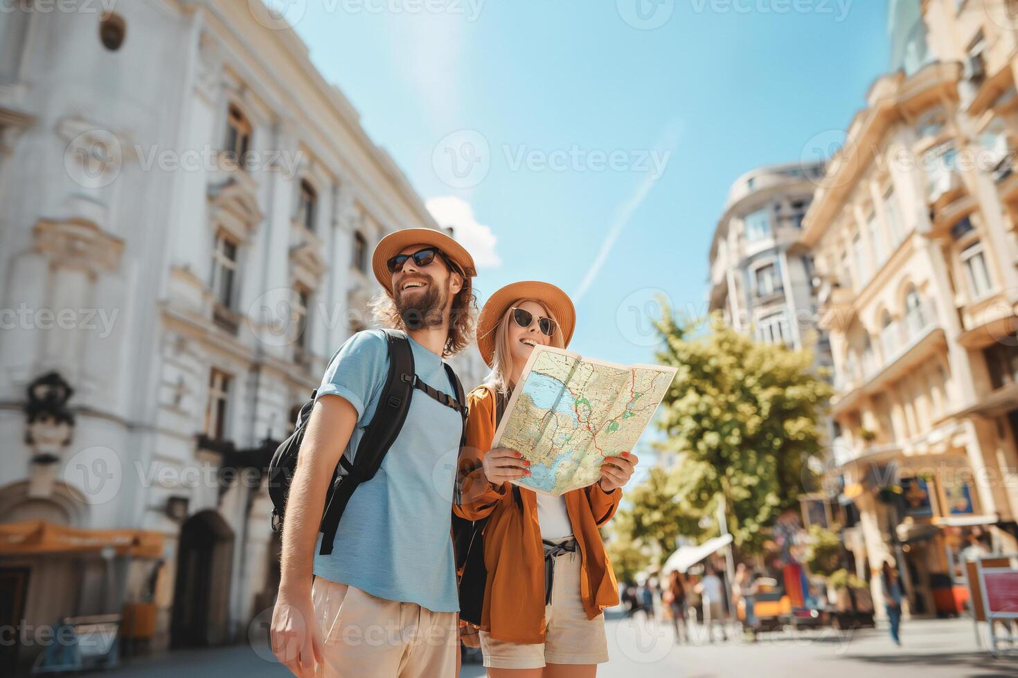 ai generato contento coppia turista con mappe nel loro mani . foto