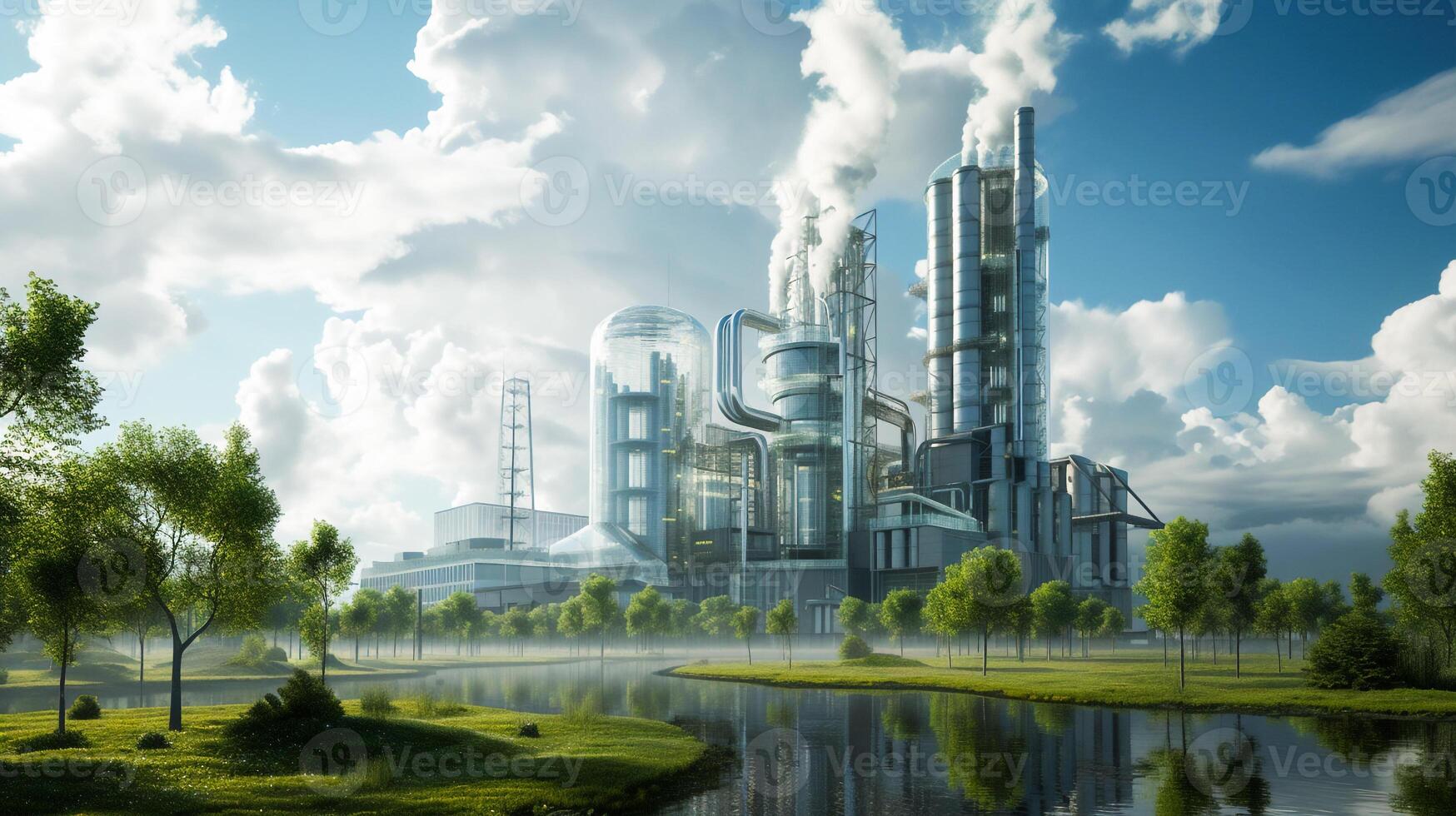 ai generato futuristico fabbrica con bene ambiente, ecologico fabbrica verde fabbrica concetto, zero carbonio futuro foto