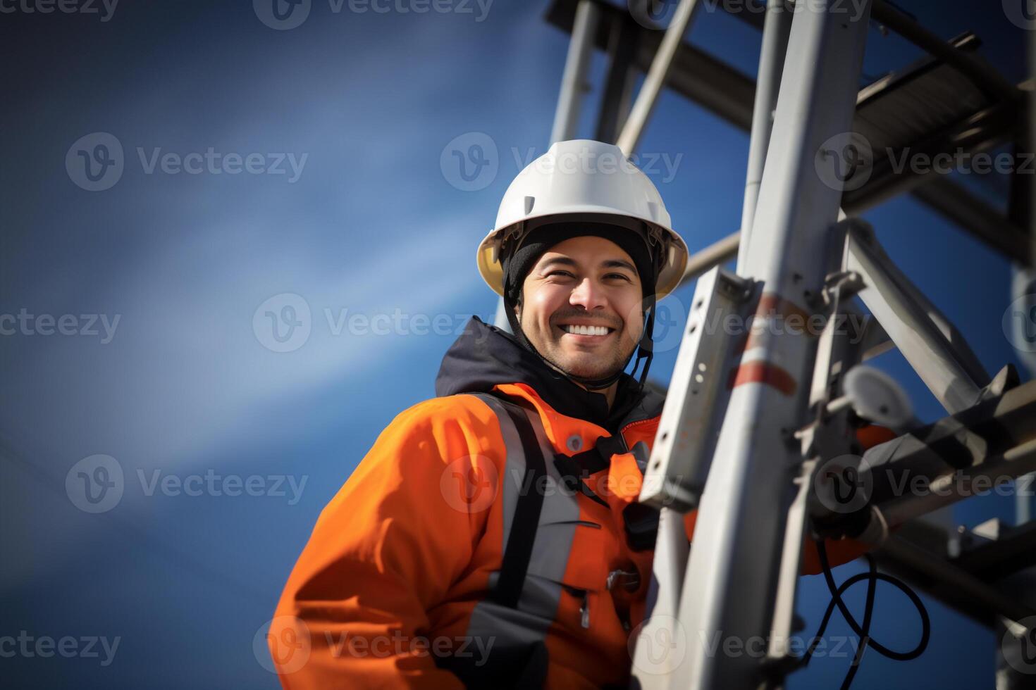 ai generato ingegnere indossare sicurezza Ingranaggio Lavorando a superiore di segnale antenna.funzionante a altezza foto