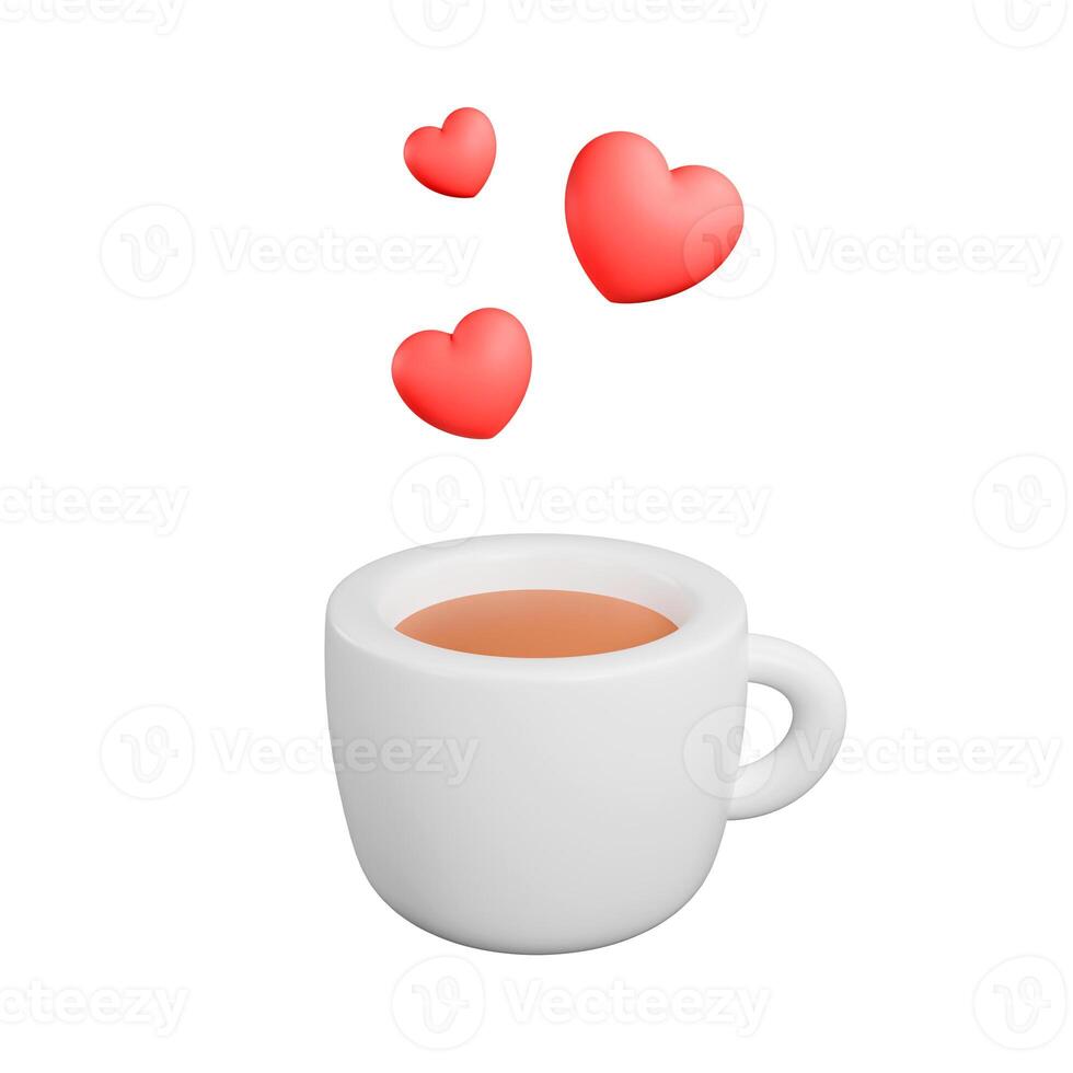 tazza di caffè con cuori, concetto di amore di caffè, cartone animato caffè tazza, 3d rendere foto