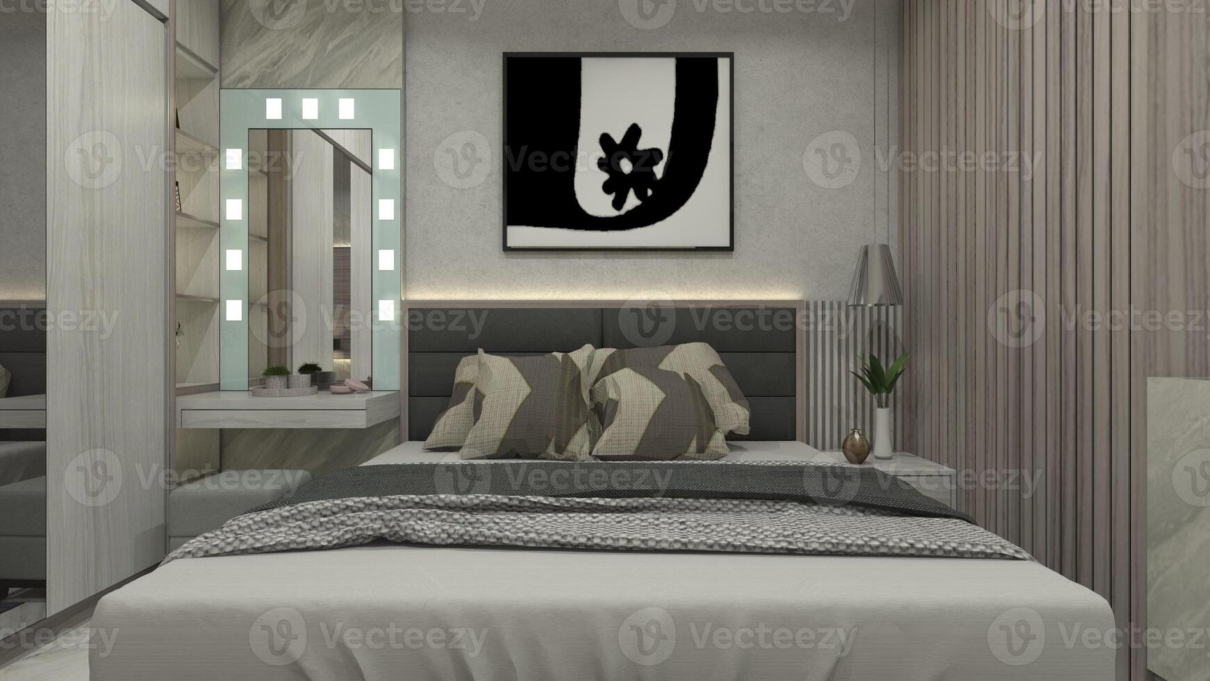 maestro Camera da letto design con re letto telaio e condimento tavolo, 3d illustrazione foto