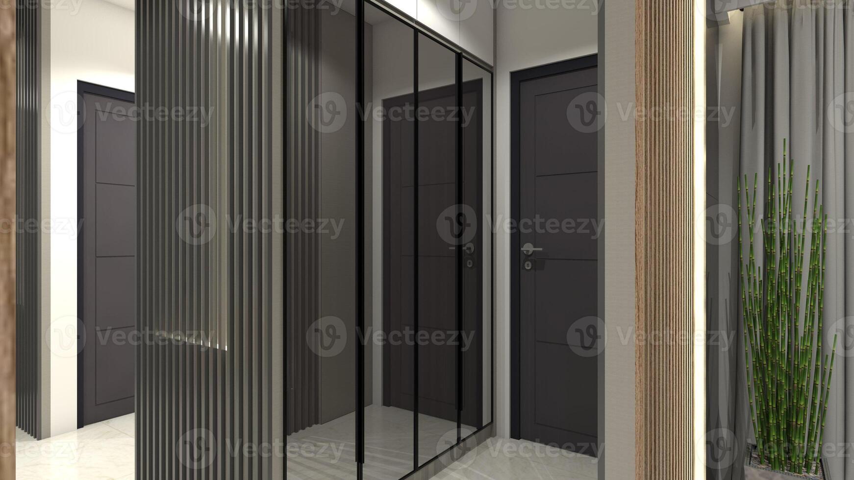 moderno corridoio Consiglio dei ministri design con specchio porta telaio, 3d illustrazione foto