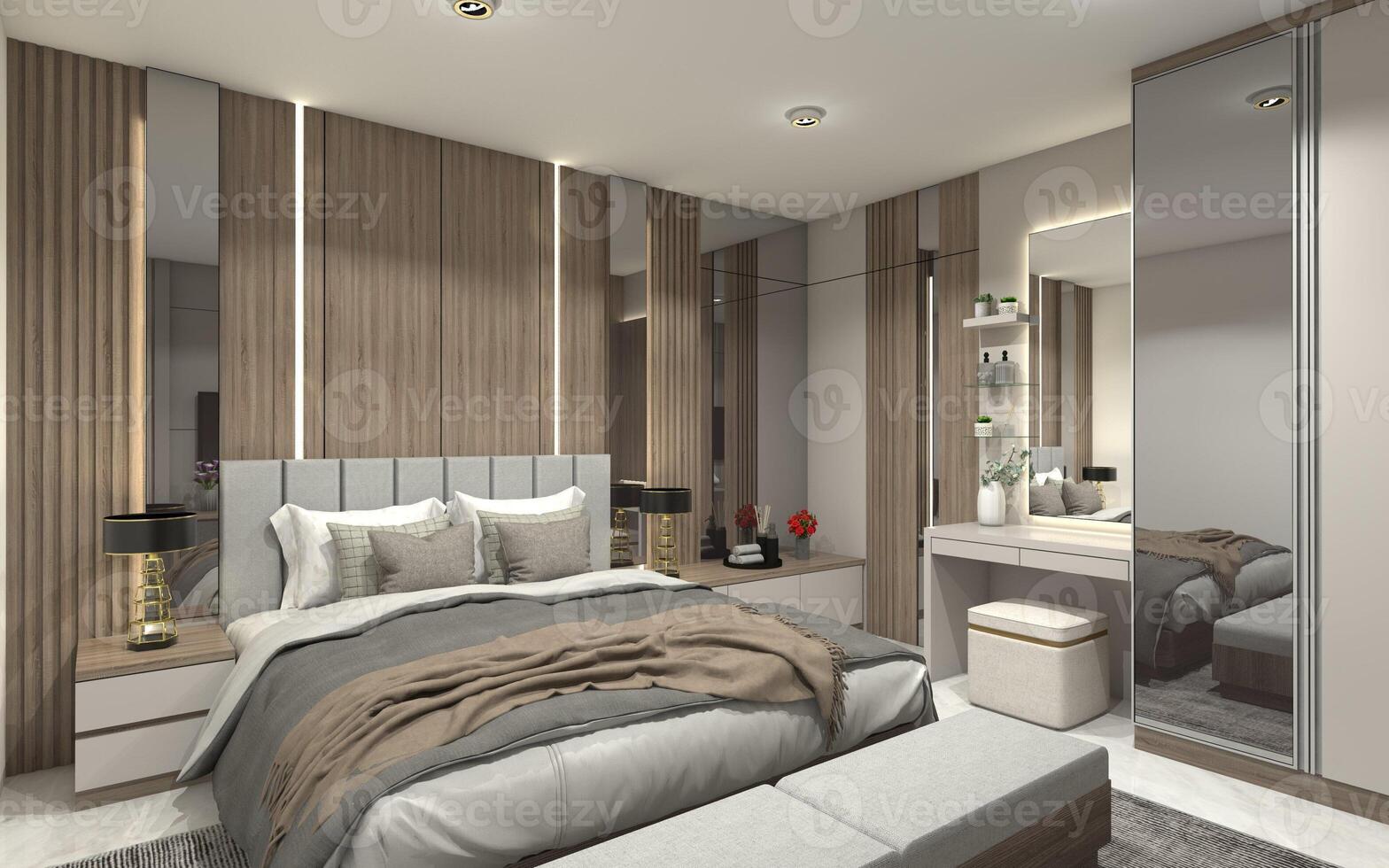 moderno maestro Camera da letto design utilizzando di legno pannello e trucco tavolo 3d illustrazione foto