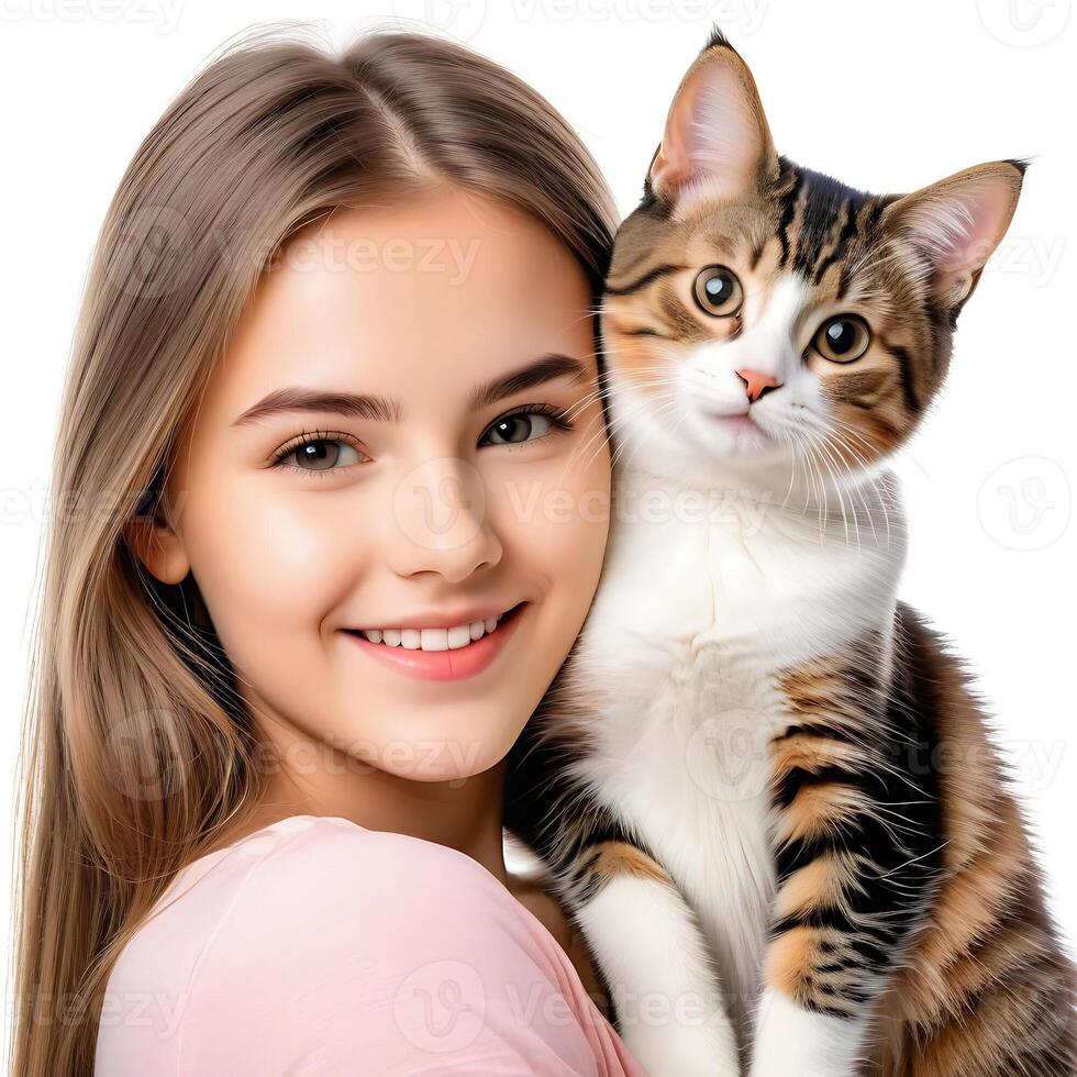 ai generato un' bello giovane ragazza con carino gatto isolato su bianca sfondo foto