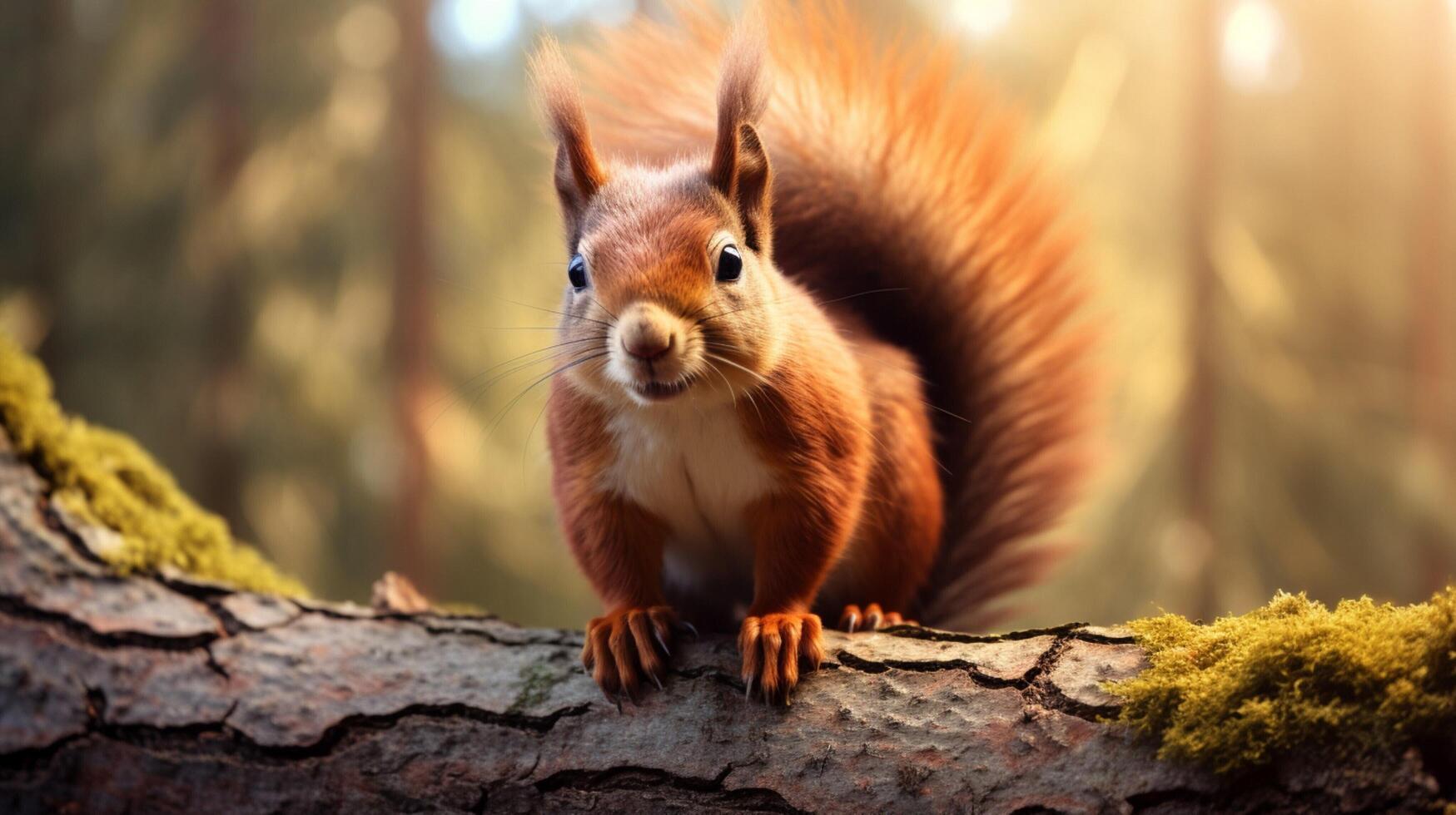 ai generato un' rosso scoiattolo è seduta su un' albero ramo foto