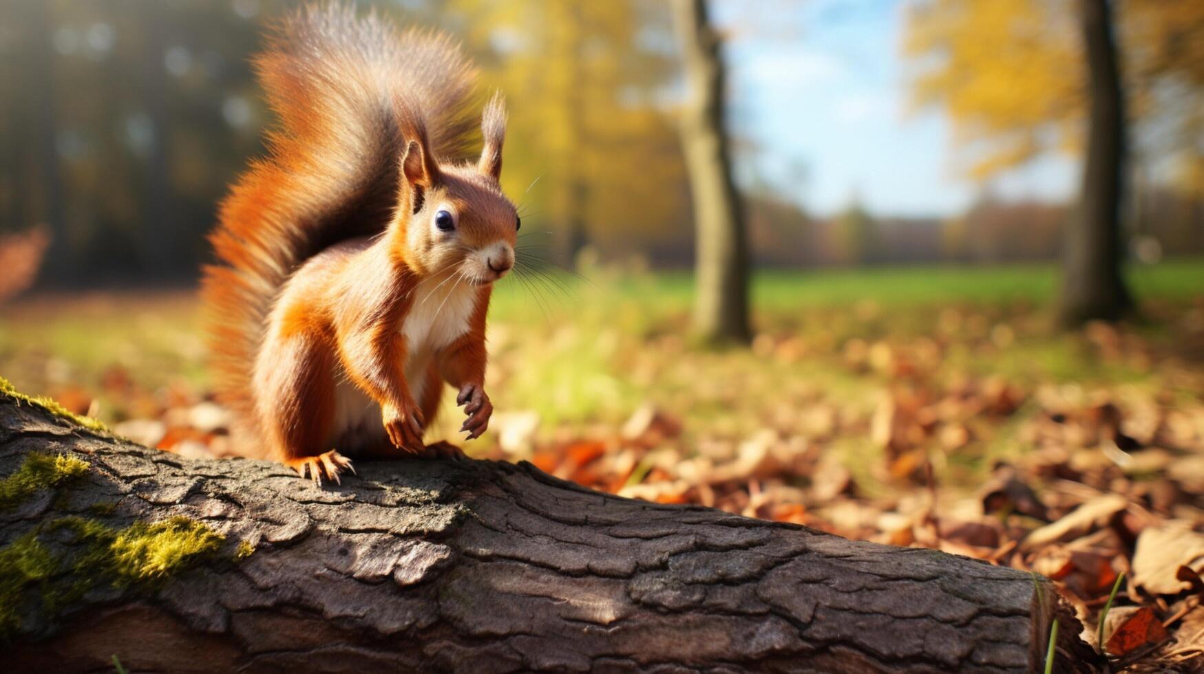 ai generato un' rosso scoiattolo è seduta su un' albero ramo foto