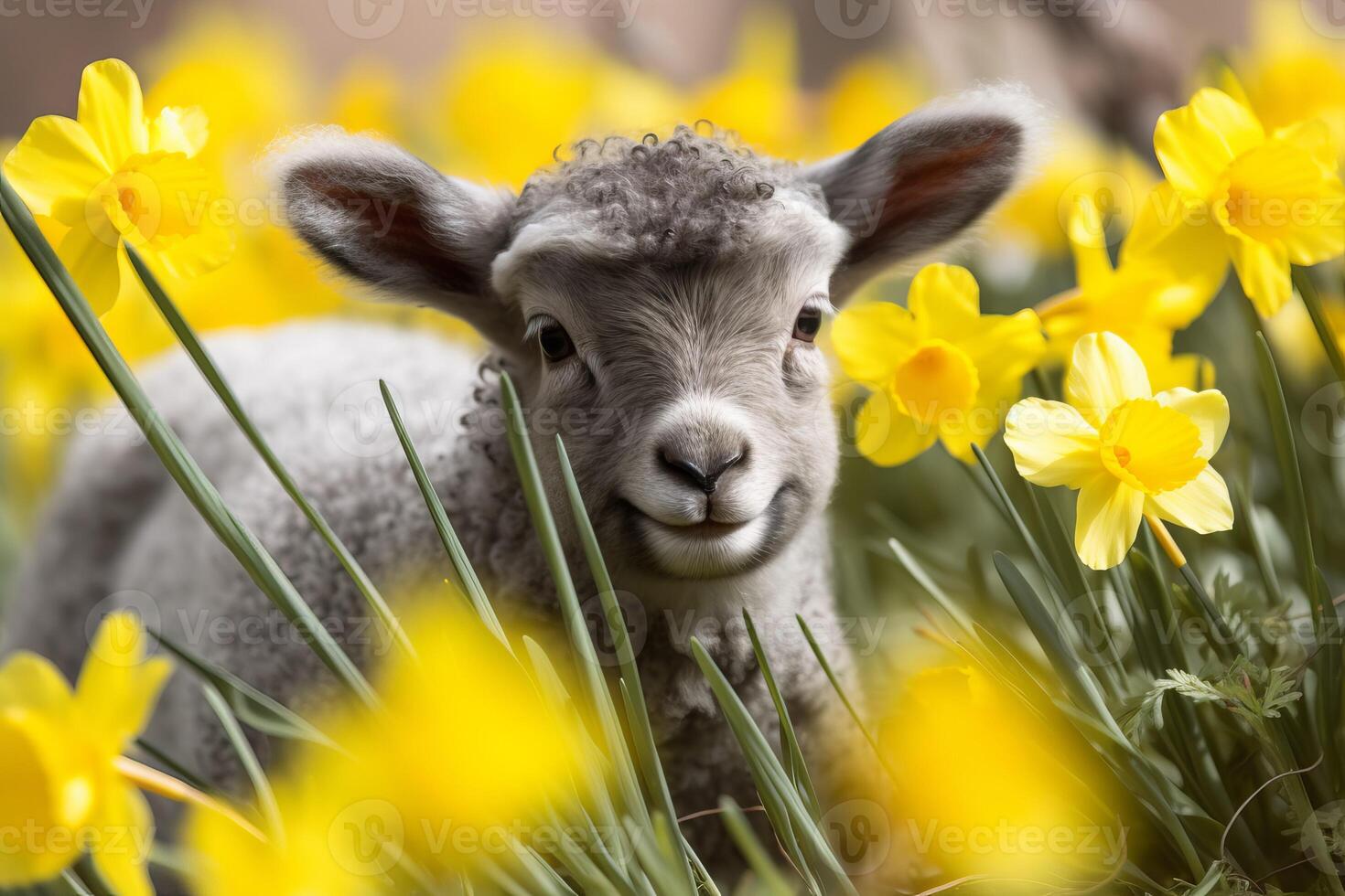 ai generato carino grigio piccolo agnello nel narciso fiorire campo. creare ai foto