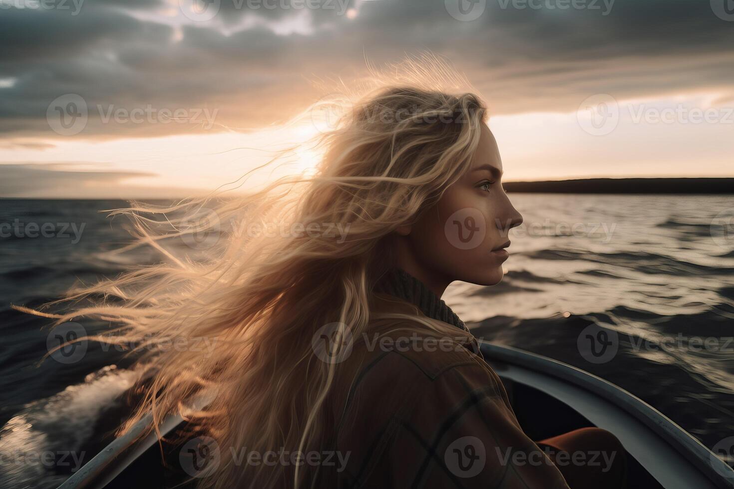 ai generato bionda ragazza su barca a vela nuoto per tramonto. creare ai foto